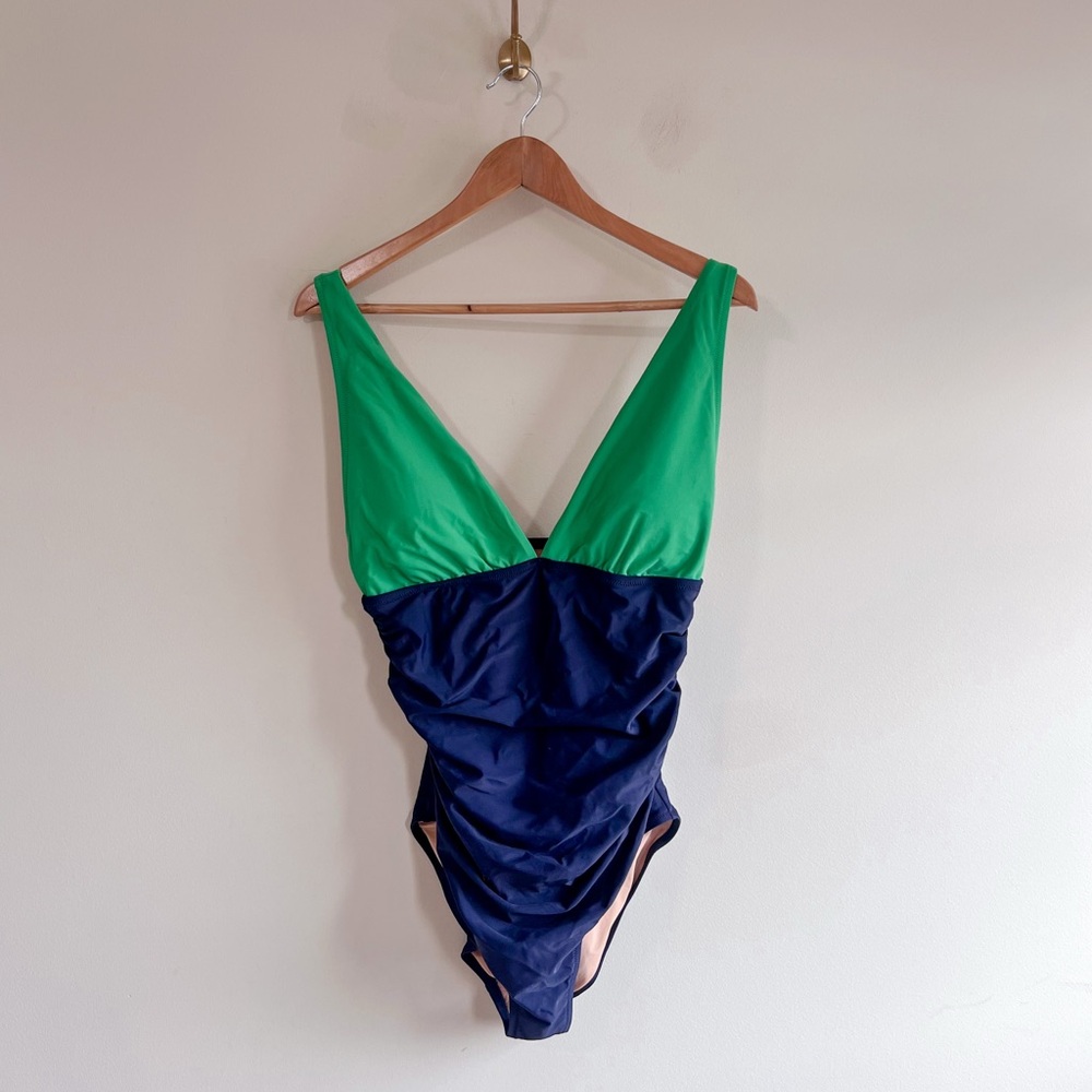 J. Crew Green and Navy One-Piece Swimsuit